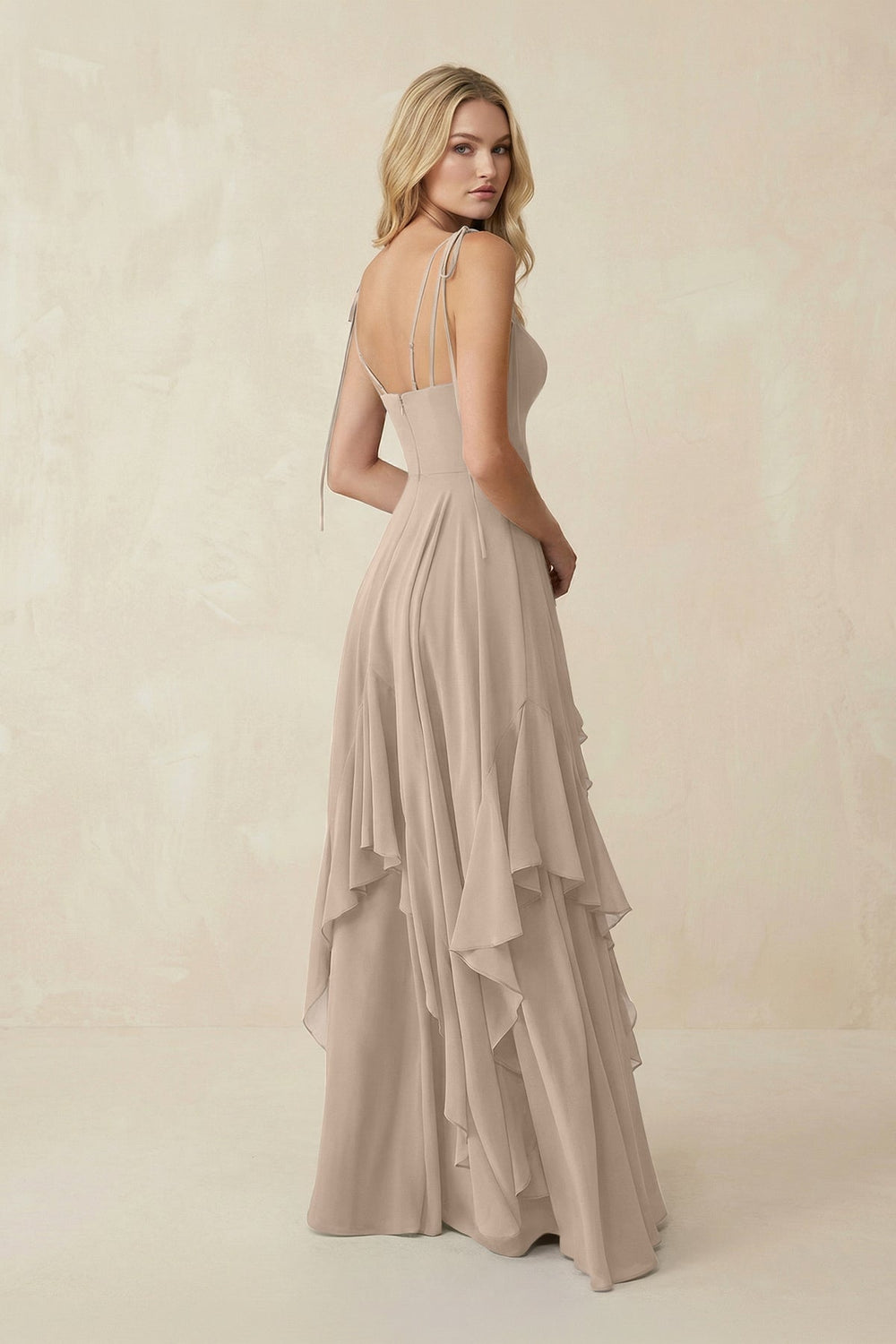 Cami Strap Ruffled A - Line Chiffon Bridesmaid Dress in Almond - KISS BRIDAL Bridesmaid Dresses