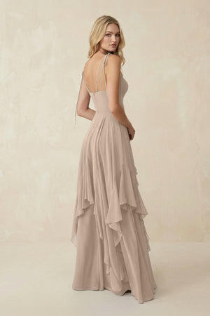 Cami Strap Ruffled A - Line Chiffon Bridesmaid Dress in Almond - SHE IS ME Bridesmaid Dresses