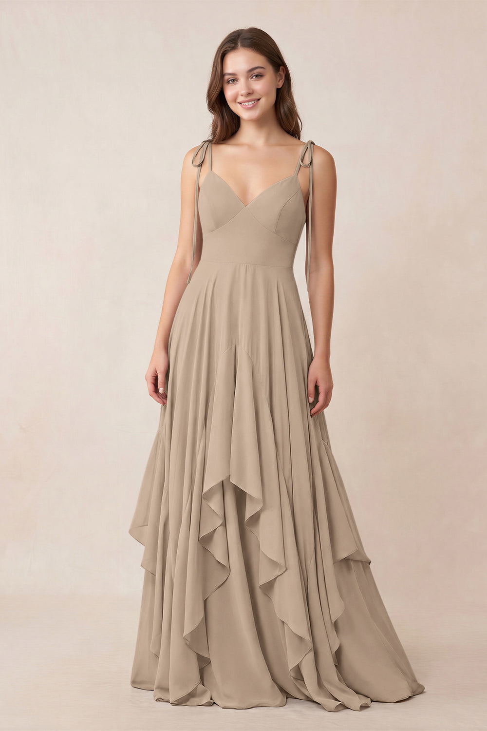 Cami Strap Ruffled A-Line Chiffon Bridesmaid Dress in Almond