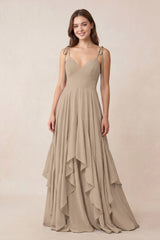 Cami Strap Ruffled A-Line Chiffon Bridesmaid Dress in Almond | KISSBRIDAL