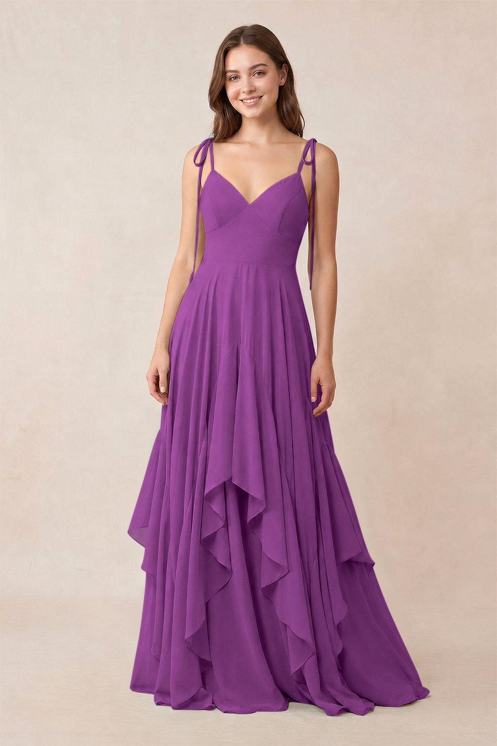 Cami Strap Ruffled A-Line Chiffon Bridesmaid Dress in Amethyst