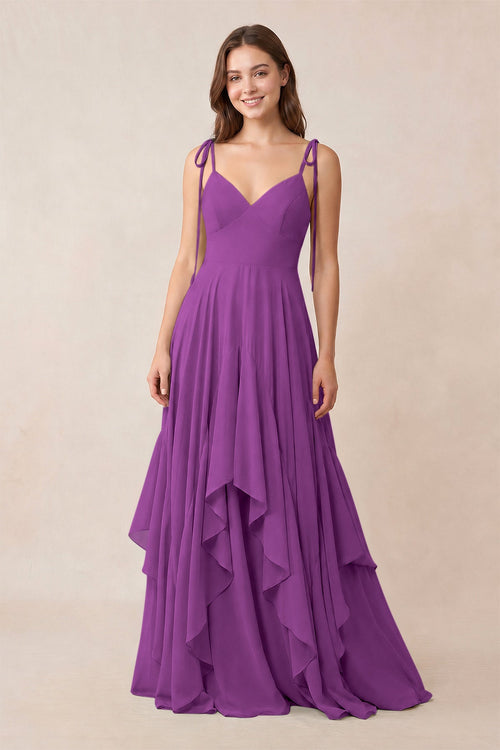 Cami Strap Ruffled A - Line Chiffon Bridesmaid Dress in Amethyst - KISS BRIDAL Bridesmaid Dresses