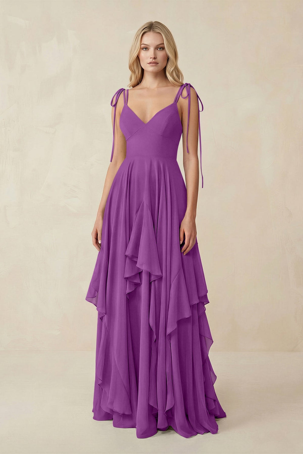 Cami Strap Ruffled A - Line Chiffon Bridesmaid Dress in Amethyst - KISS BRIDAL Bridesmaid Dresses