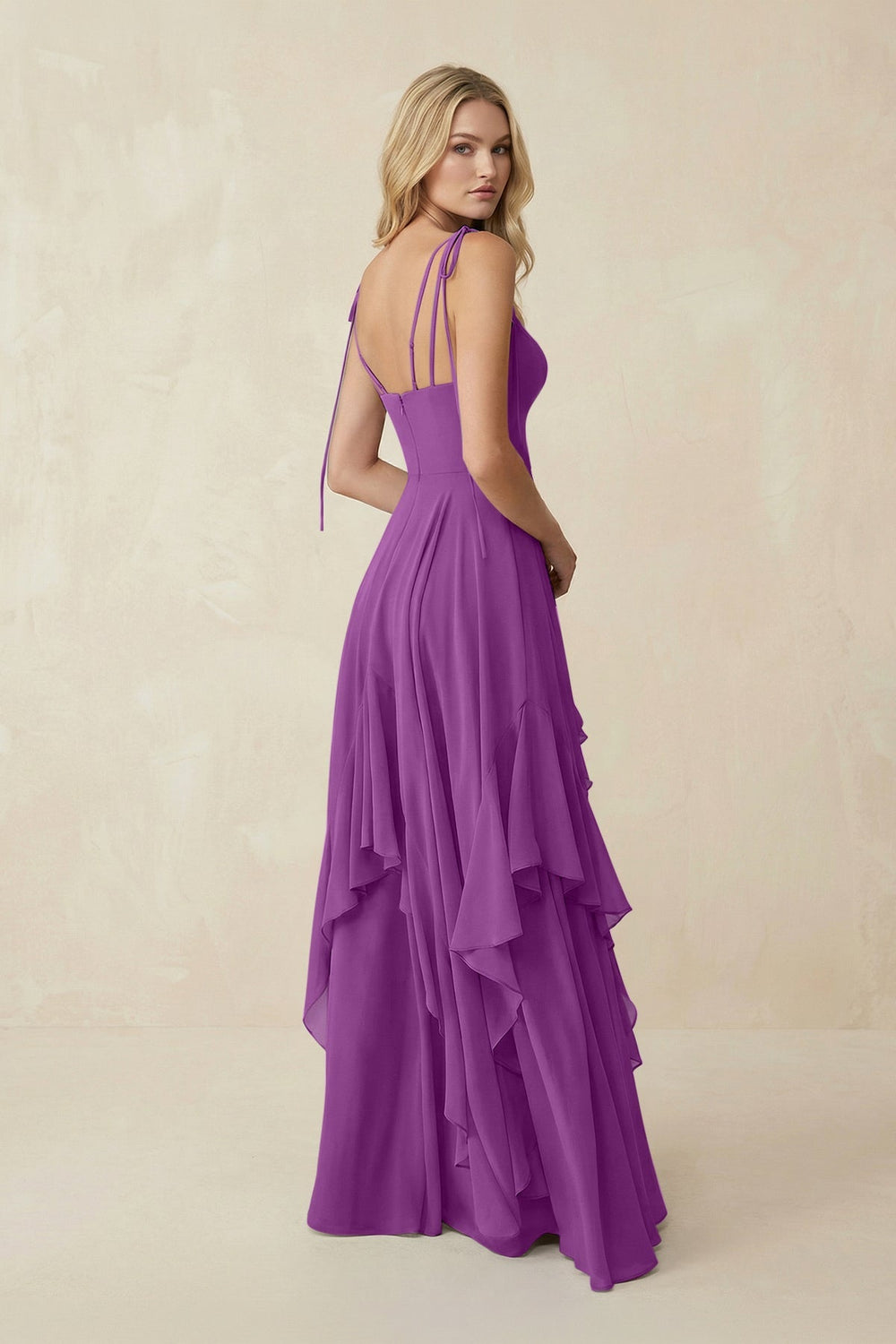 Cami Strap Ruffled A - Line Chiffon Bridesmaid Dress in Amethyst - KISS BRIDAL Bridesmaid Dresses