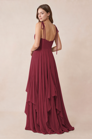 Cami Strap Ruffled A-Line Chiffon Bridesmaid Dress in Berry (2) | KISSBRIDAL
