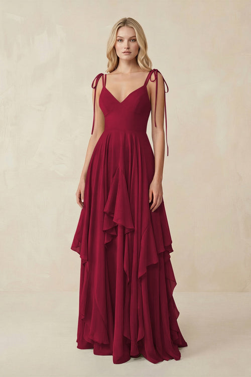 Cami Strap Ruffled A - Line Chiffon Bridesmaid Dress in Berry - SHE IS ME Bridesmaid Dresses
