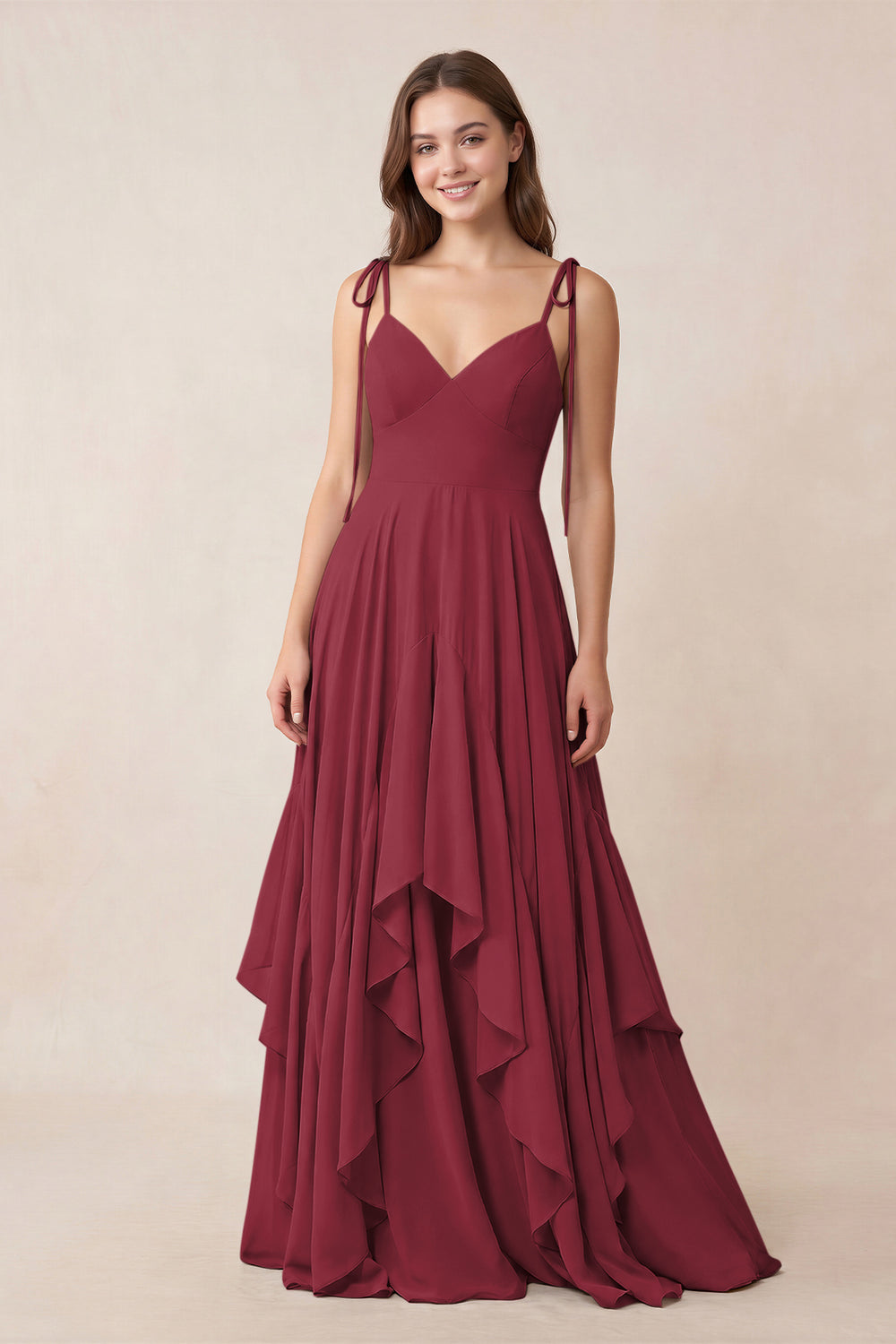 Cami Strap Ruffled A-Line Chiffon Bridesmaid Dress in Berry