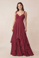Cami Strap Ruffled A-Line Chiffon Bridesmaid Dress in Berry | KISSBRIDAL