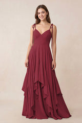 Cami Strap Ruffled A-Line Chiffon Bridesmaid Dress in Berry | KISSBRIDAL