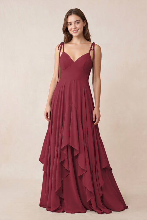 Cami Strap Ruffled A-Line Chiffon Bridesmaid Dress in Berry | KISSBRIDAL