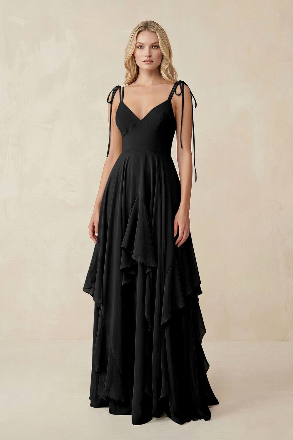 Cami Strap Ruffled A - Line Chiffon Bridesmaid Dress in Black - KISS BRIDAL Bridesmaid Dresses