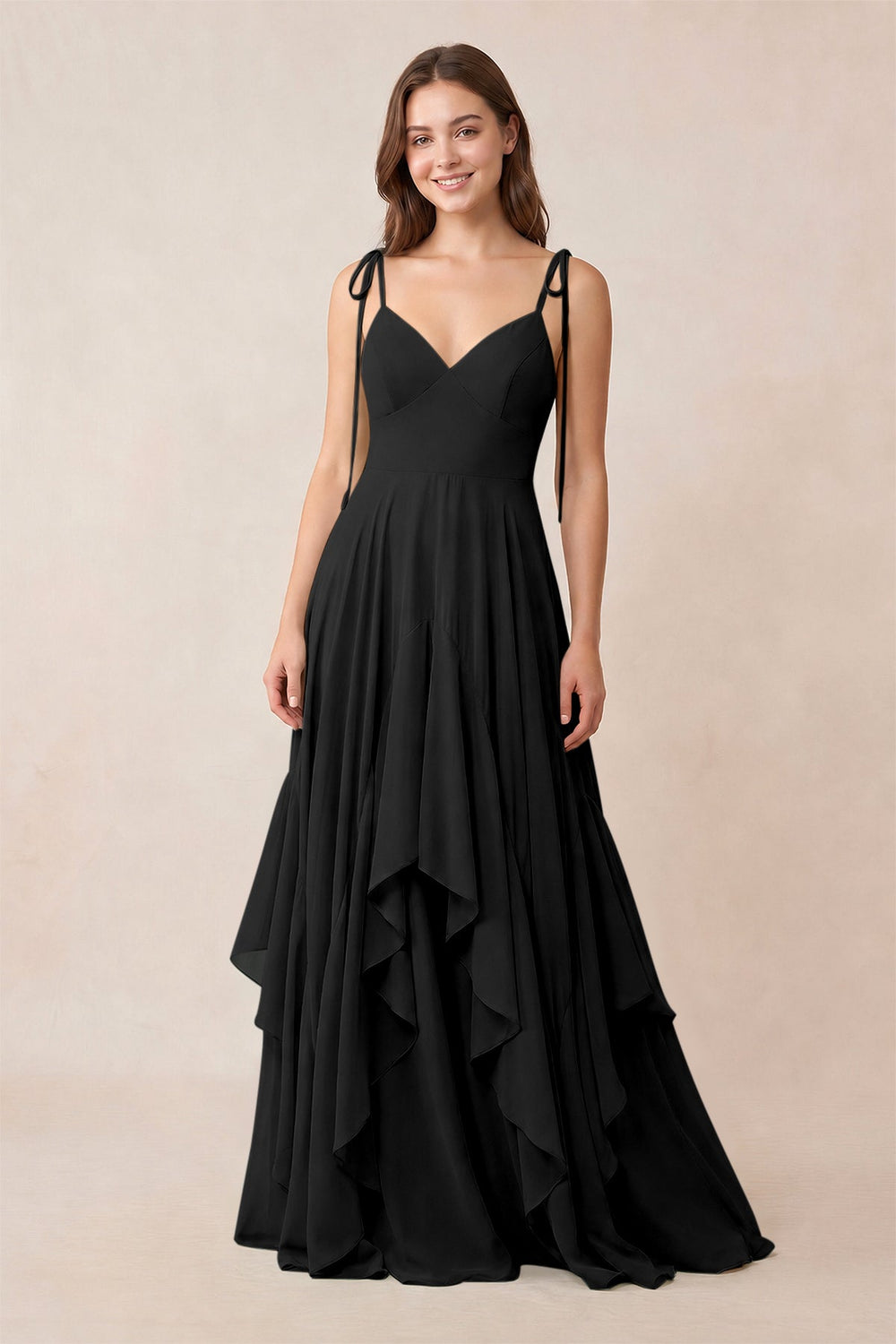 Cami Strap Ruffled A-Line Chiffon Bridesmaid Dress in Black
