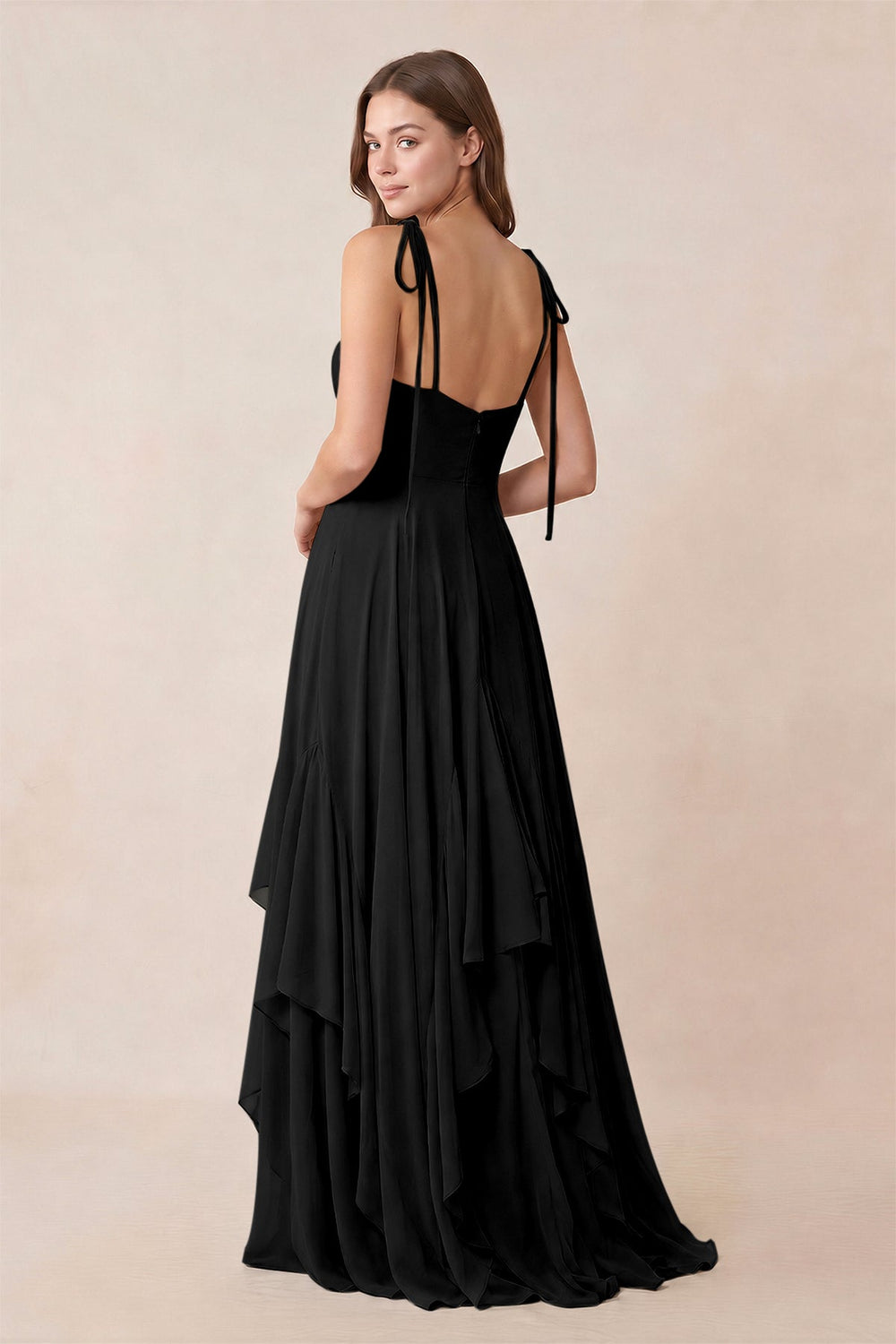 Cami Strap Ruffled A-Line Chiffon Bridesmaid Dress in Black