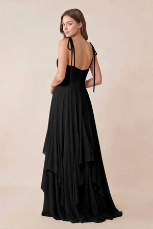 Cami Strap Ruffled A - Line Chiffon Bridesmaid Dress in Black - KISS BRIDAL Bridesmaid Dresses