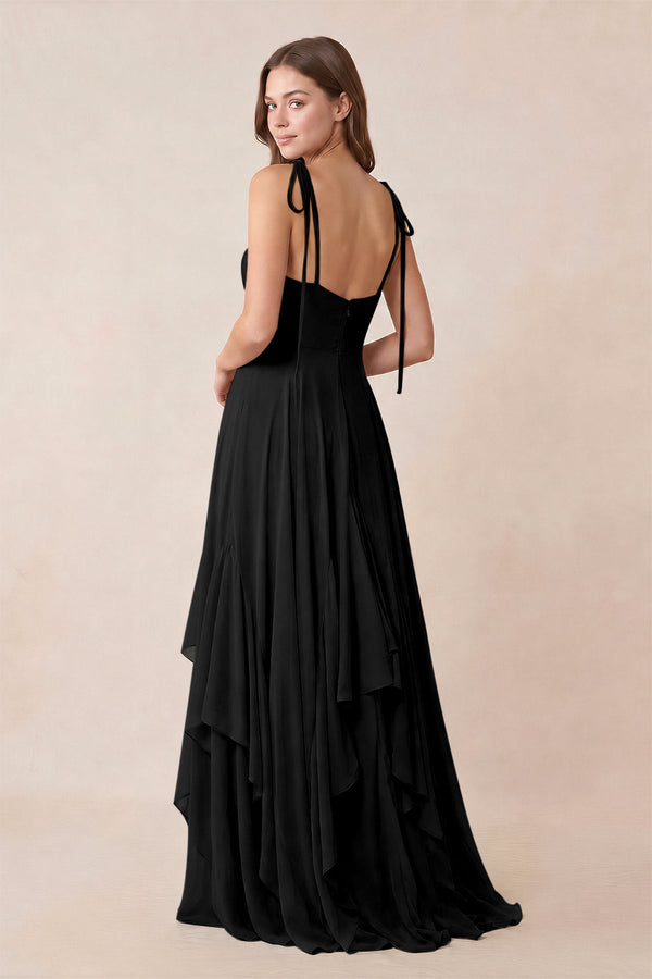 Cami Strap Ruffled A - Line Chiffon Bridesmaid Dress in Black - KISS BRIDAL Bridesmaid Dresses