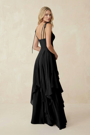 Cami Strap Ruffled A - Line Chiffon Bridesmaid Dress in Black - SHE IS ME Bridesmaid Dresses