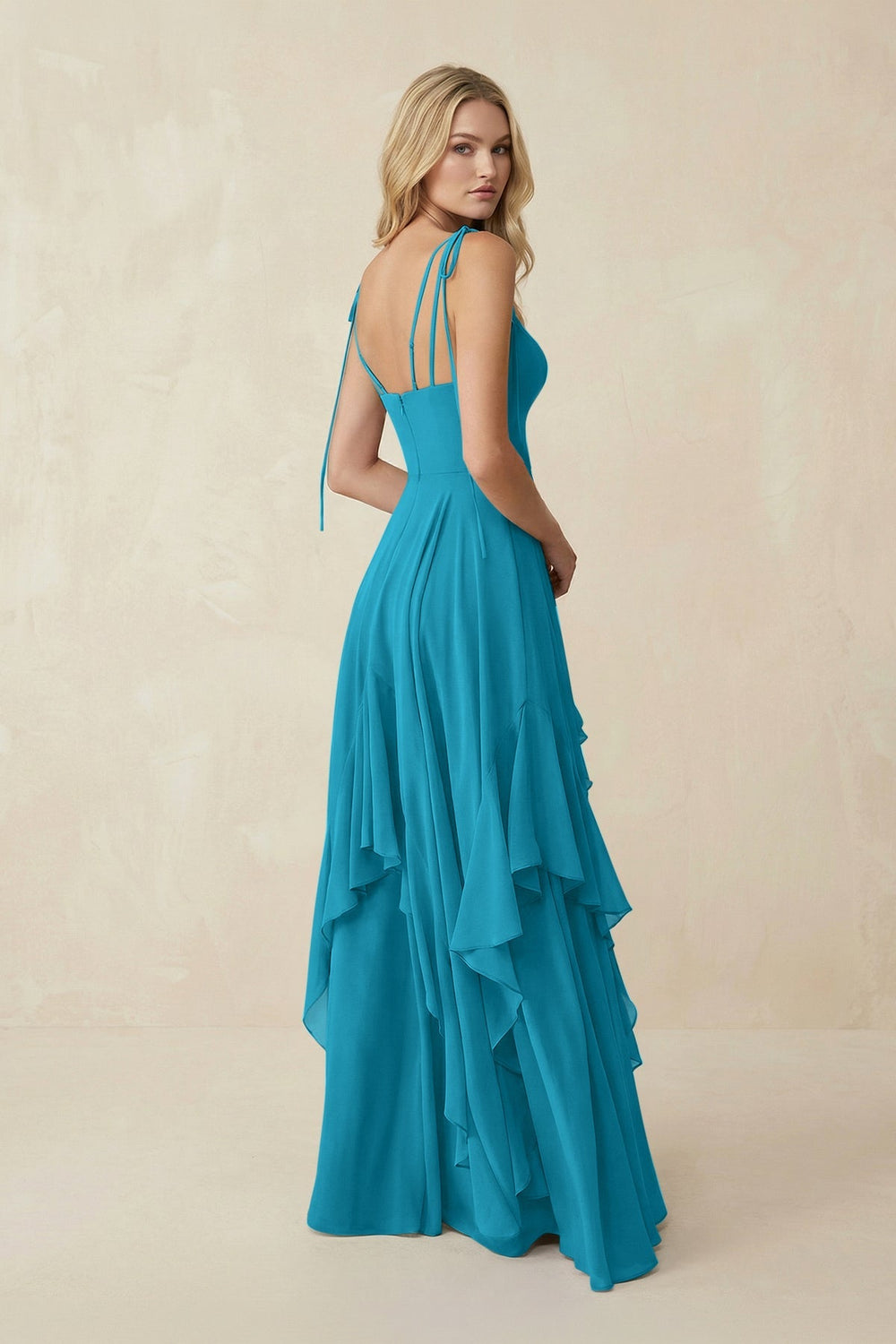 Cami Strap Ruffled A - Line Chiffon Bridesmaid Dress in Blue Jay - KISS BRIDAL Bridesmaid Dresses