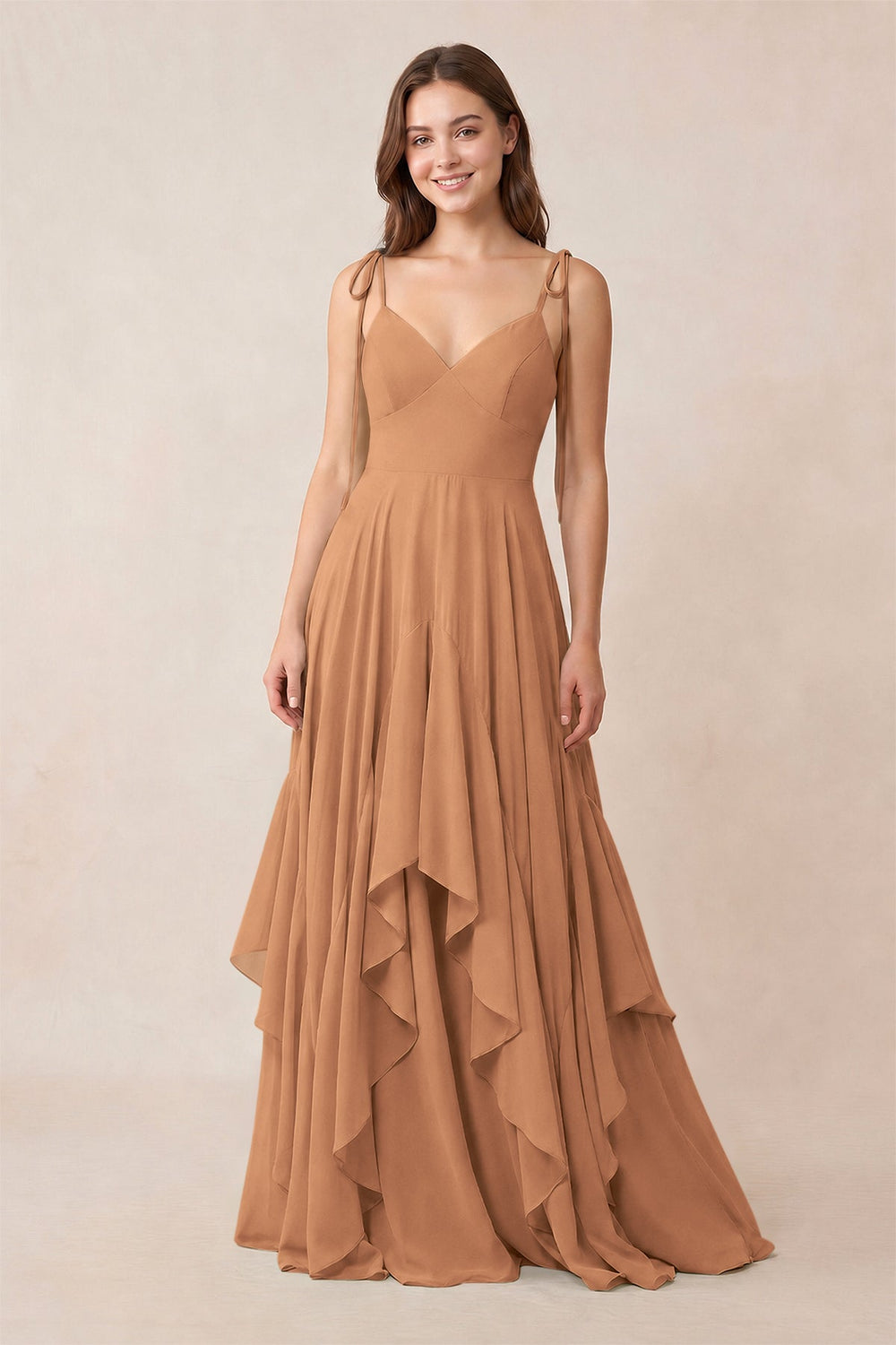 Cami Strap Ruffled A-Line Chiffon Bridesmaid Dress in Bronzer