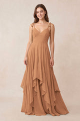 Cami Strap Ruffled A - Line Chiffon Bridesmaid Dress in Bronzer - KISS BRIDAL Bridesmaid Dresses