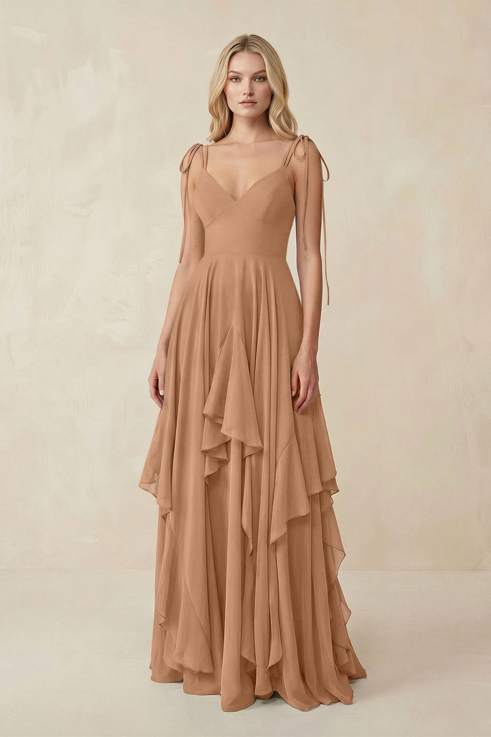 Cami Strap Ruffled A - Line Chiffon Bridesmaid Dress in Bronzer - KISS BRIDAL Bridesmaid Dresses