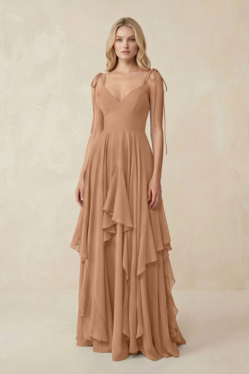 Cami Strap Ruffled A - Line Chiffon Bridesmaid Dress in Bronzer - SHE IS ME Bridesmaid Dresses