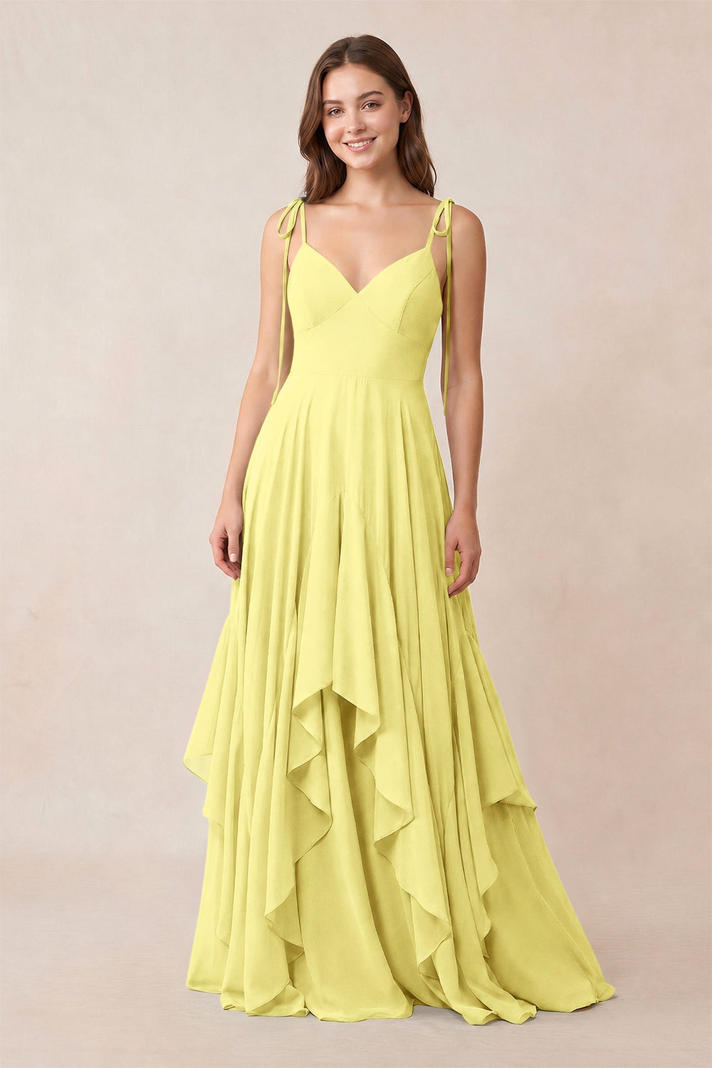 Cami Strap Ruffled A-Line Chiffon Bridesmaid Dress in Buttercup