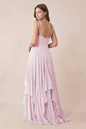 Cami Strap Ruffled A-Line Chiffon Bridesmaid Dress in Candy Pink (2) | KISSBRIDAL
