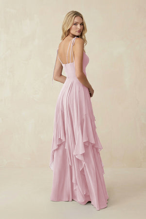 Cami Strap Ruffled A - Line Chiffon Bridesmaid Dress in Candy Pink - SHE IS ME Bridesmaid Dresses