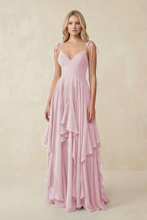 Cami Strap Ruffled A - Line Chiffon Bridesmaid Dress in Candy Pink - SHE IS ME Bridesmaid Dresses
