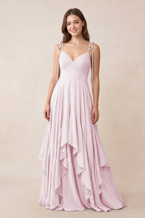 Cami Strap Ruffled A-Line Chiffon Bridesmaid Dress in Candy Pink | KISSBRIDAL