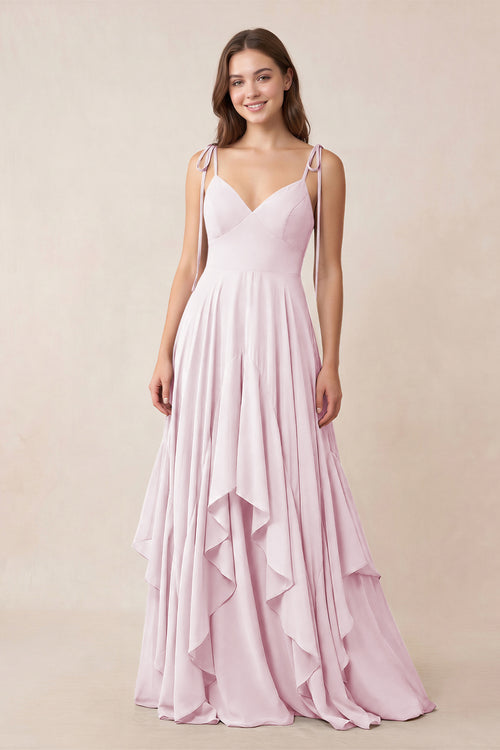 Cami Strap Ruffled A-Line Chiffon Bridesmaid Dress in Candy Pink | KISSBRIDAL