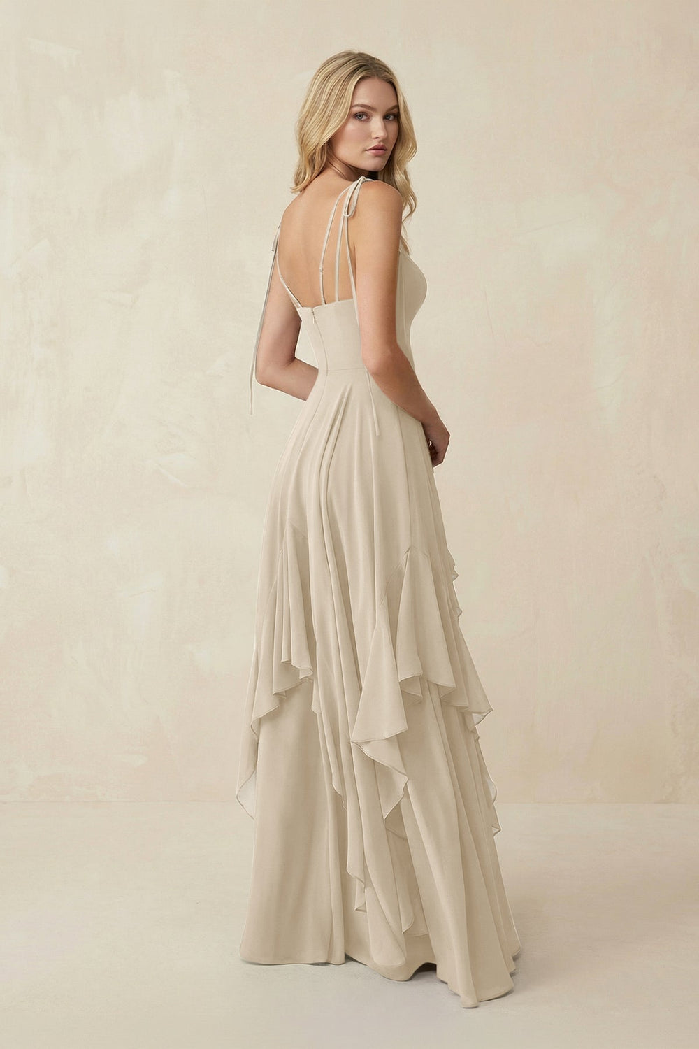Cami Strap Ruffled A - Line Chiffon Bridesmaid Dress in Champagne - KISS BRIDAL Bridesmaid Dresses
