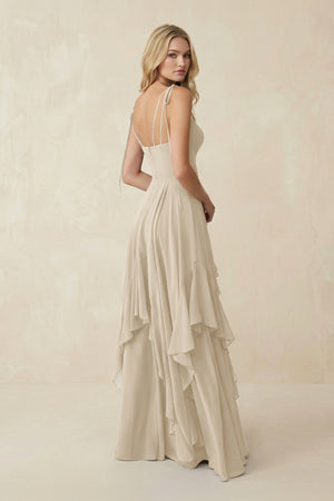 Cami Strap Ruffled A - Line Chiffon Bridesmaid Dress in Champagne - SHE IS ME Bridesmaid Dresses
