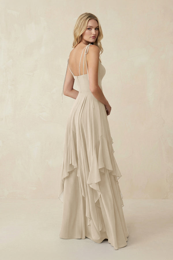 Cami Strap Ruffled A - Line Chiffon Bridesmaid Dress in Champagne - SHE IS ME Bridesmaid Dresses