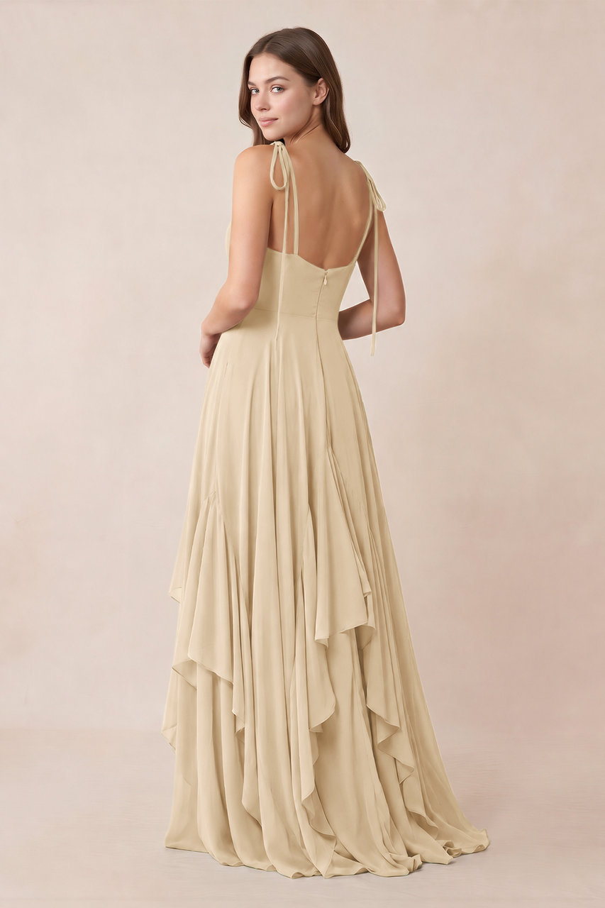 Cami Strap Ruffled A-Line Chiffon Bridesmaid Dress in Champagne