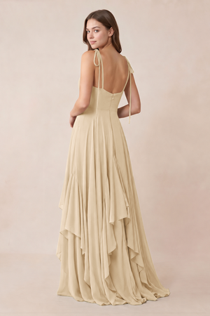 Cami Strap Ruffled A-Line Chiffon Bridesmaid Dress in Champagne (2) | KISSBRIDAL