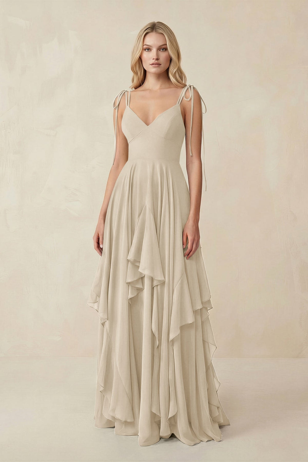 Cami Strap Ruffled A - Line Chiffon Bridesmaid Dress in Champagne - KISS BRIDAL Bridesmaid Dresses