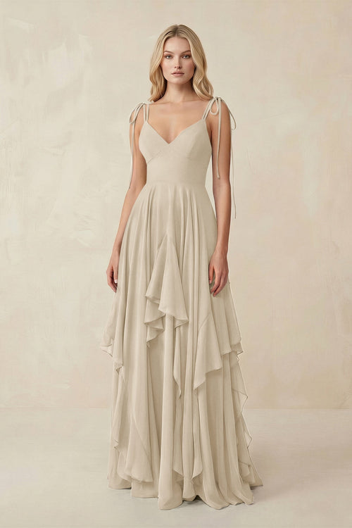 Cami Strap Ruffled A - Line Chiffon Bridesmaid Dress in Champagne - SHE IS ME Bridesmaid Dresses