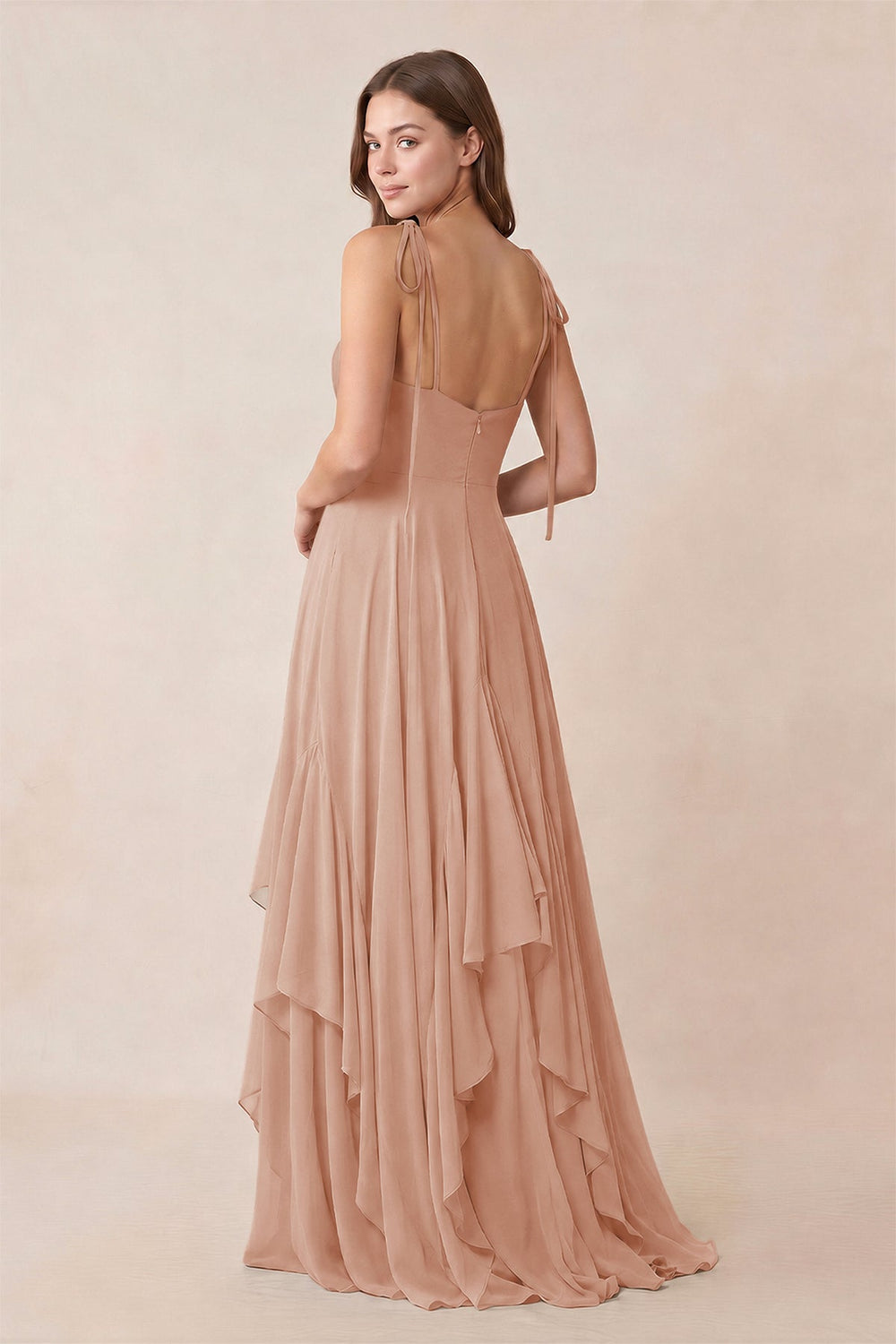 Cami Strap Ruffled A-Line Chiffon Bridesmaid Dress in Champagne Rose