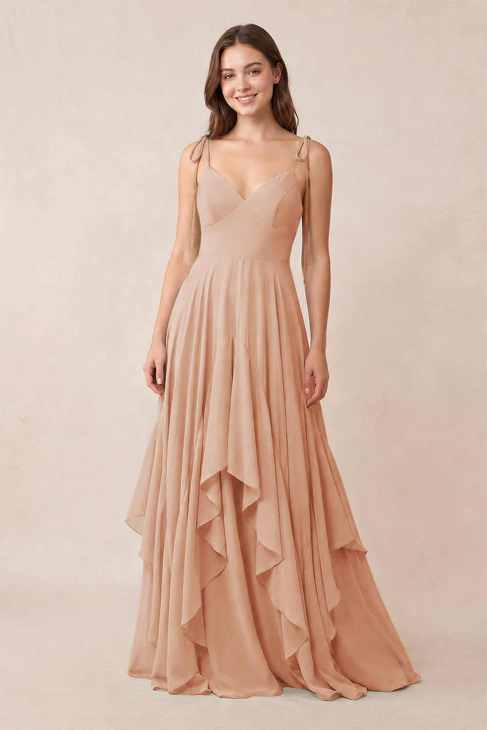 Cami Strap Ruffled A-Line Chiffon Bridesmaid Dress in Champagne Rose