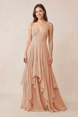 Cami Strap Ruffled A - Line Chiffon Bridesmaid Dress in Champagne Rose - KISS BRIDAL Bridesmaid Dresses