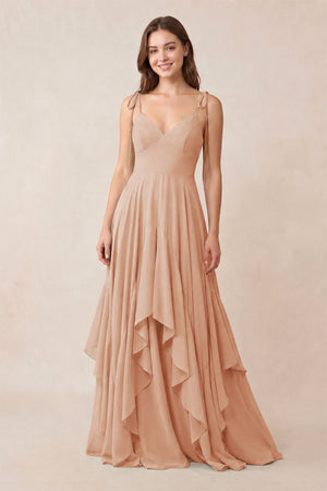 Cami Strap Ruffled A - Line Chiffon Bridesmaid Dress in Champagne Rose - KISS BRIDAL Bridesmaid Dresses