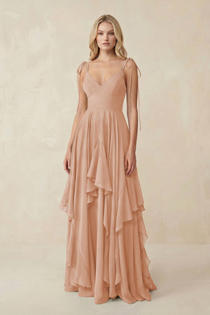 Cami Strap Ruffled A - Line Chiffon Bridesmaid Dress in Champagne Rose - SHE IS ME Bridesmaid Dresses