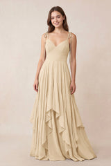Cami Strap Ruffled A-Line Chiffon Bridesmaid Dress in Champagne | KISSBRIDAL