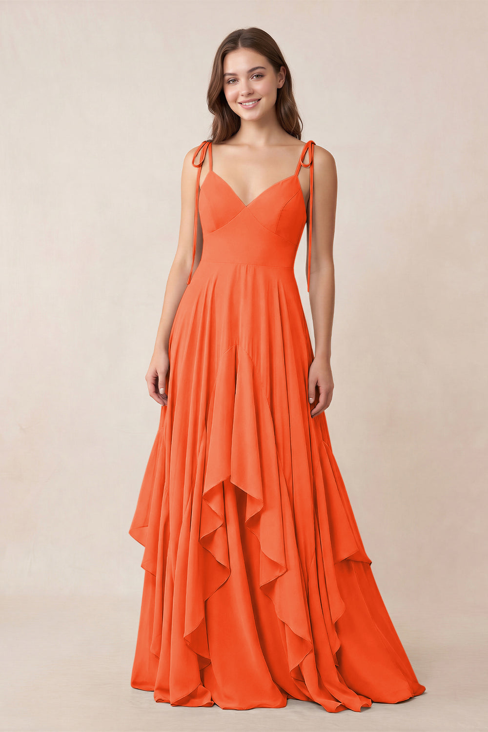 Cami Strap Ruffled A-Line Chiffon Bridesmaid Dress in Cinnamon