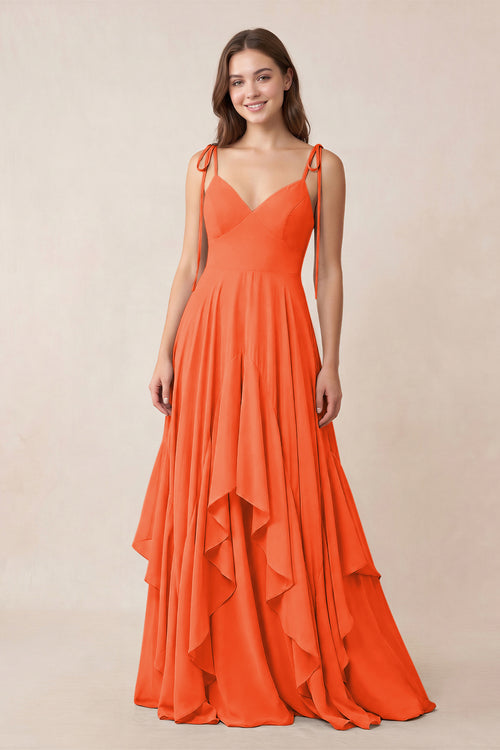 Cami Strap Ruffled A-Line Chiffon Bridesmaid Dress in Cinnamon | KISSBRIDAL