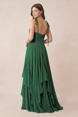 Cami Strap Ruffled A-Line Chiffon Bridesmaid Dress in Dark Green (2) | KISSBRIDAL