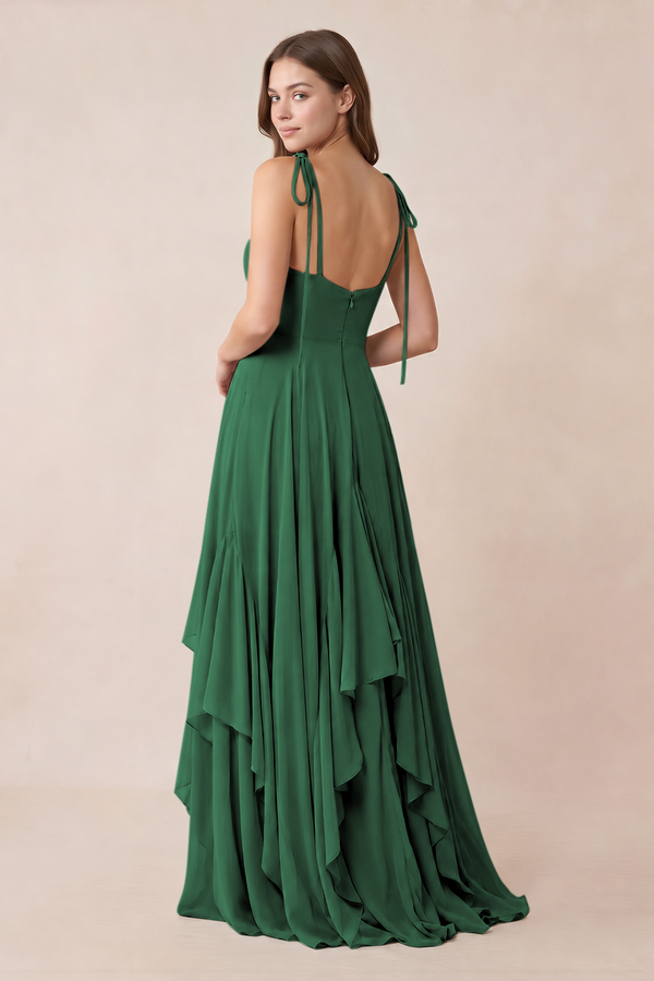Cami Strap Ruffled A-Line Chiffon Bridesmaid Dress in Dark Green (2) | KISSBRIDAL