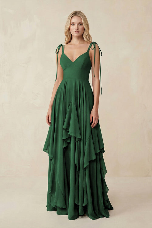 Cami Strap Ruffled A - Line Chiffon Bridesmaid Dress in Dark Green - SHE IS ME Bridesmaid Dresses