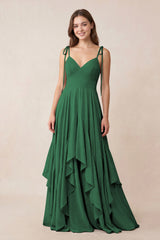 Cami Strap Ruffled A-Line Chiffon Bridesmaid Dress in Dark Green | KISSBRIDAL